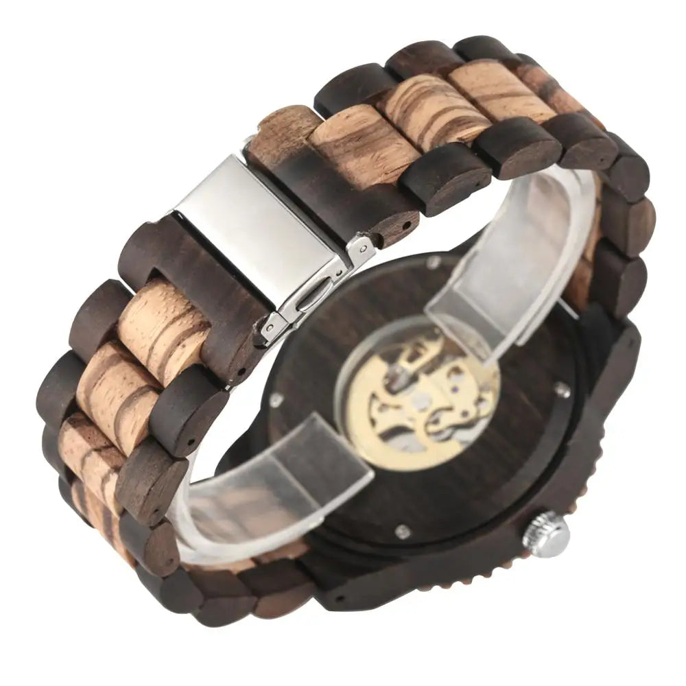 Men's Treed Watch Hollow Out Automatic-self-winding Mechanical Watch Luminous Function Wood Strap Wristwatch