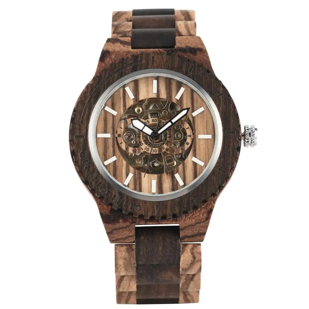 Men's Treed Watch Hollow Out Automatic-self-winding Mechanical Watch Luminous Function Wood Strap Wristwatch