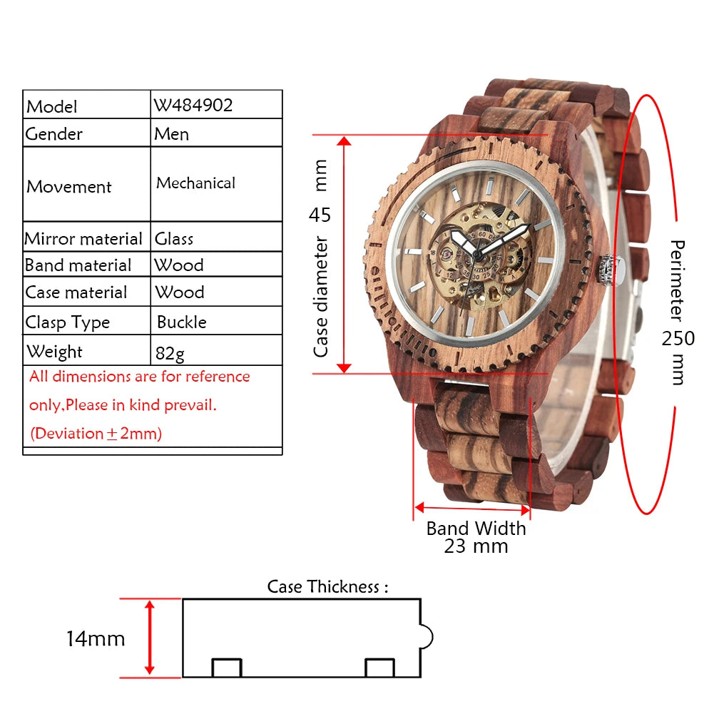 Men's Treed Watch Hollow Out Automatic-self-winding Mechanical Watch Luminous Function Wood Strap Wristwatch