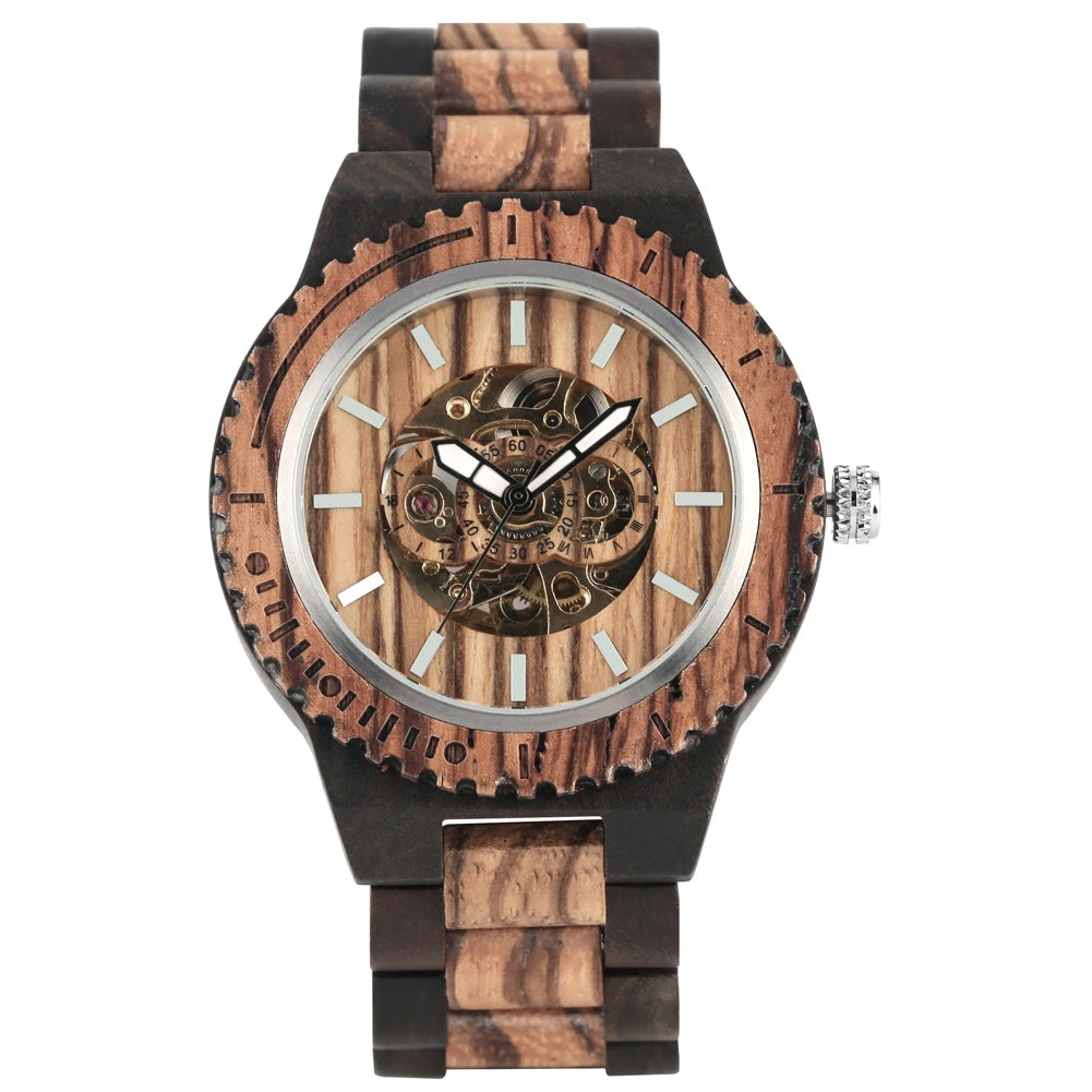 Men's Treed Watch Hollow Out Automatic-self-winding Mechanical Watch Luminous Function Wood Strap Wristwatch
