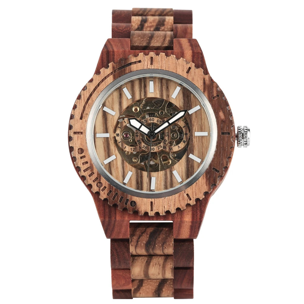 Men's Treed Watch Hollow Out Automatic-self-winding Mechanical Watch Luminous Function Wood Strap Wristwatch