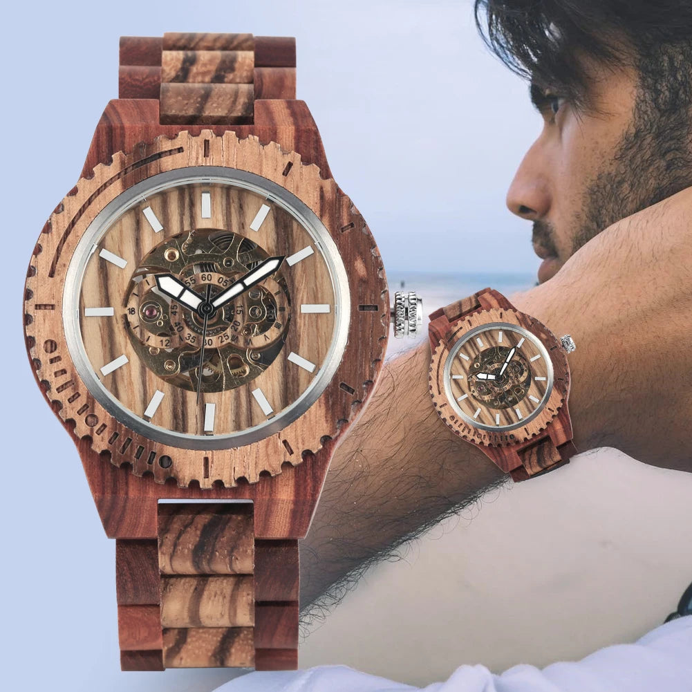 Men's Treed Watch Hollow Out Automatic-self-winding Mechanical Watch Luminous Function Wood Strap Wristwatch