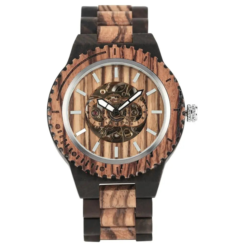 Men's Treed Watch Hollow Out Automatic-self-winding Mechanical Watch Luminous Function Wood Strap Wristwatch