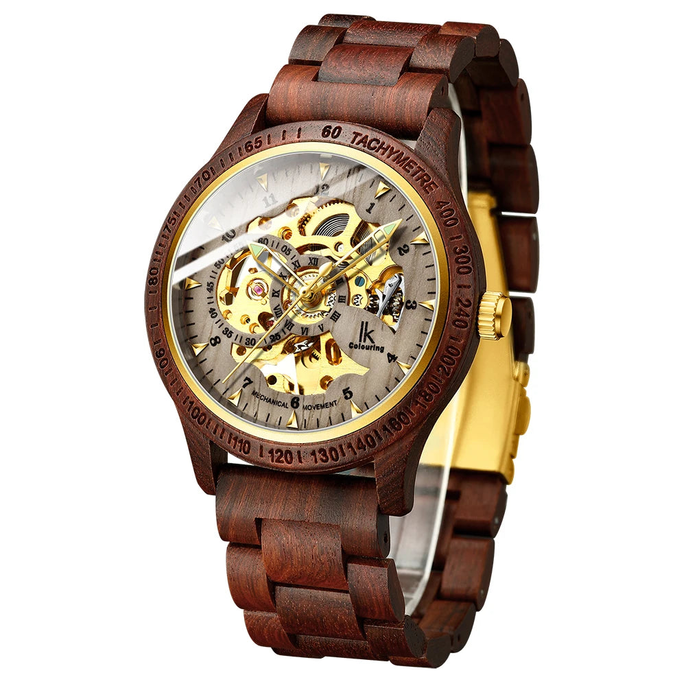 Classic Fashion Wooden Men Automatic Mechanical Watch Wooden Strap Skeleton Transparent Sport male WristWatch Relogio Masculino